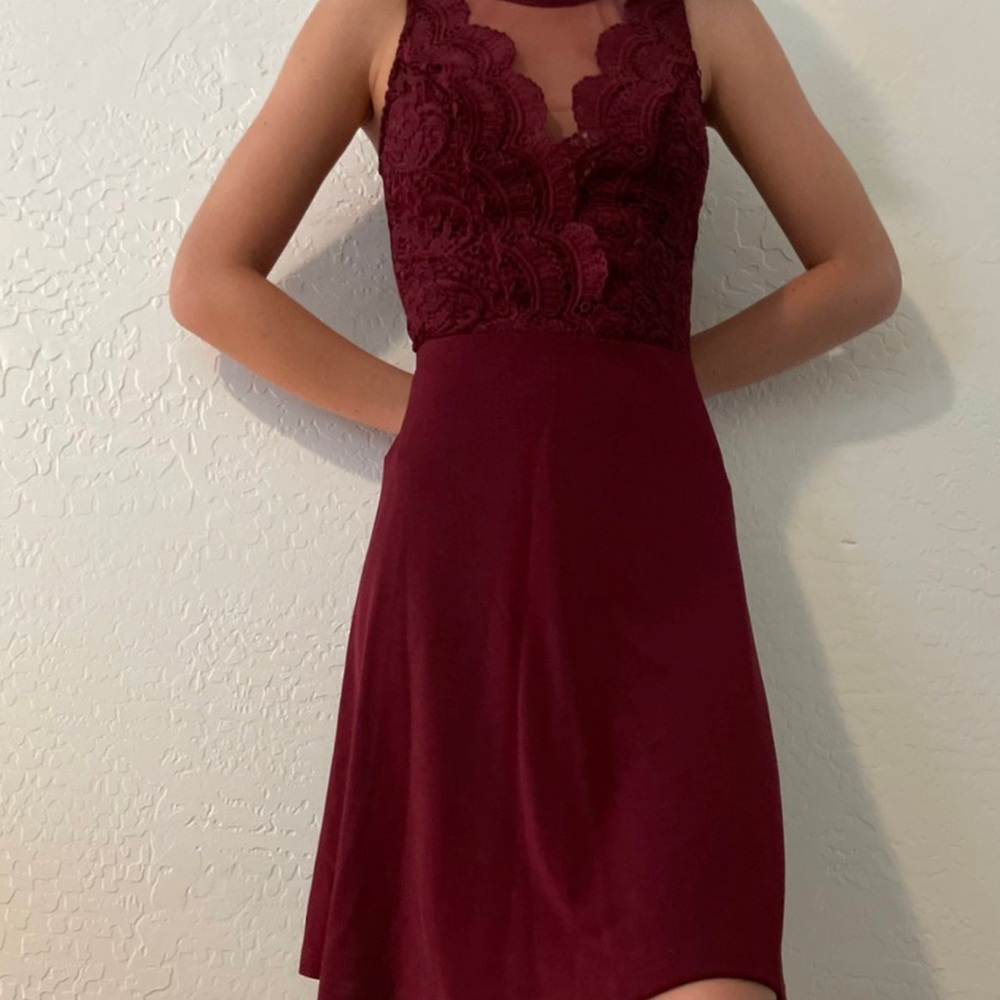Grace Karin burgundy lace lace halter dress